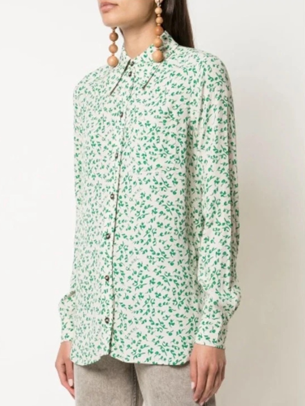 Ganni Womenβs Cream Button-Down Shirt with Green Leaf Print, Sz 36